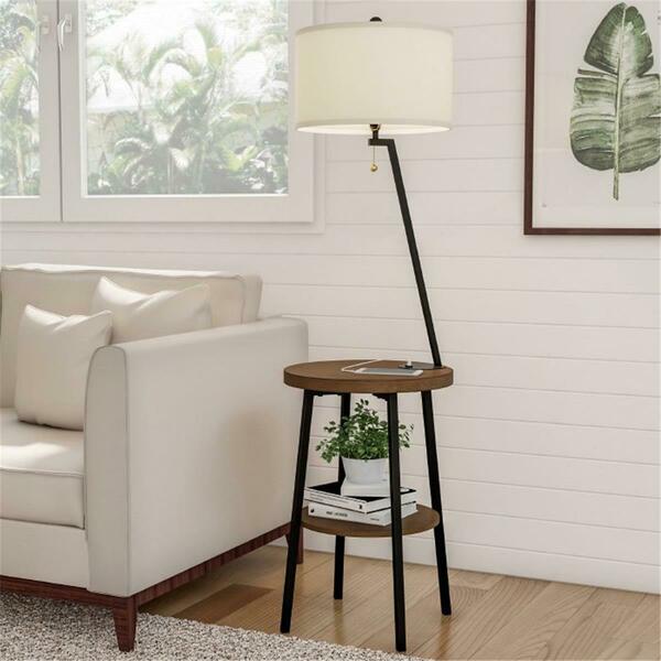 Aptitud Floor Lamp End Table-Mid Century Modern Side Table with Drum Shaped Shade, Brown, Black & Off-White AP3857214